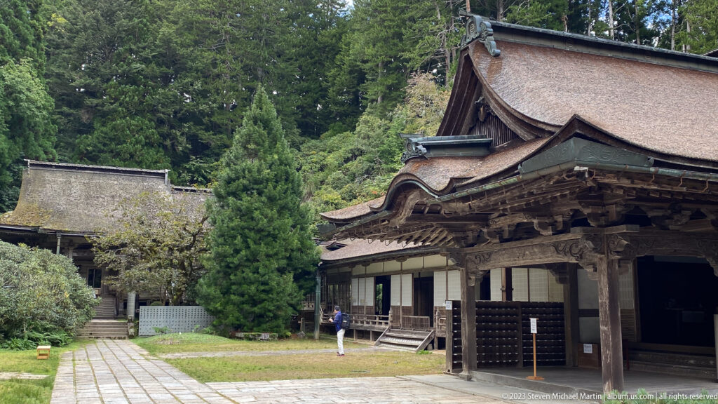 Large wooden temple hall with sweeping roof beside a stone-paved courtyard and forest.