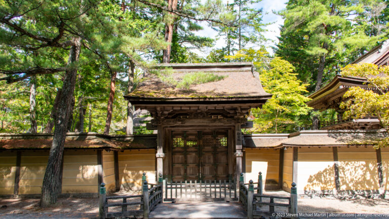 Closed wooden double gate beneath a weathered roof, flanked by plaster walls and tall trees.
