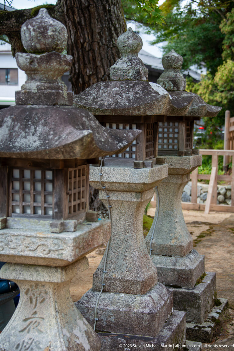 Cluster of weathered carved stone lanterns with square light chambers beneath a large tree.