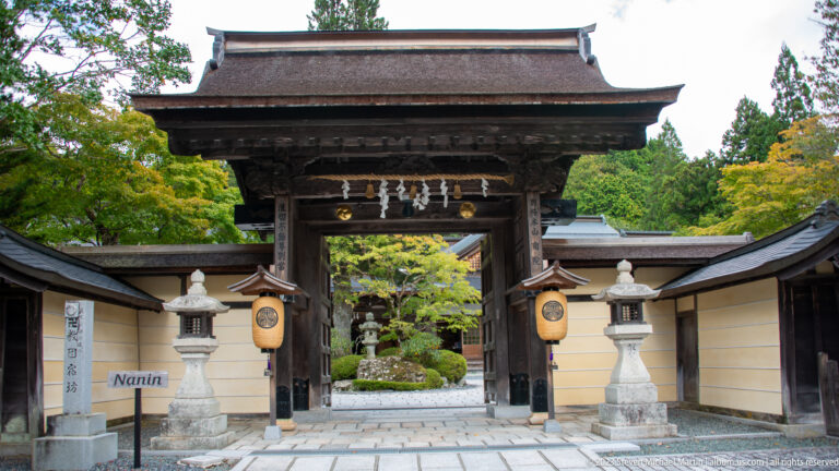 Close frontal view of Nanin’s timber gate with crest lanterns, shimenawa, and stone lanterns.