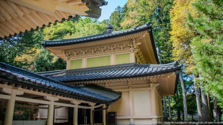 Overlapping gray tile roofs and carved wooden eaves on a traditional building surrounded by green trees.