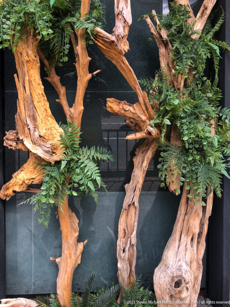 Decorative wood branches mounted on a wall in its surrounding Kyoto setting.