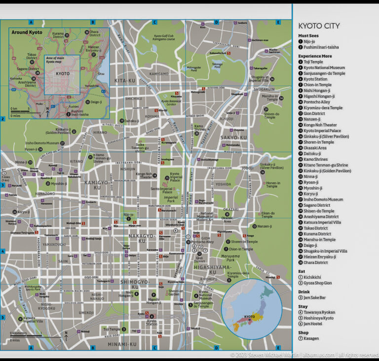 Printed map of Kyoto with streets and landmarks in its surrounding Kyoto setting.