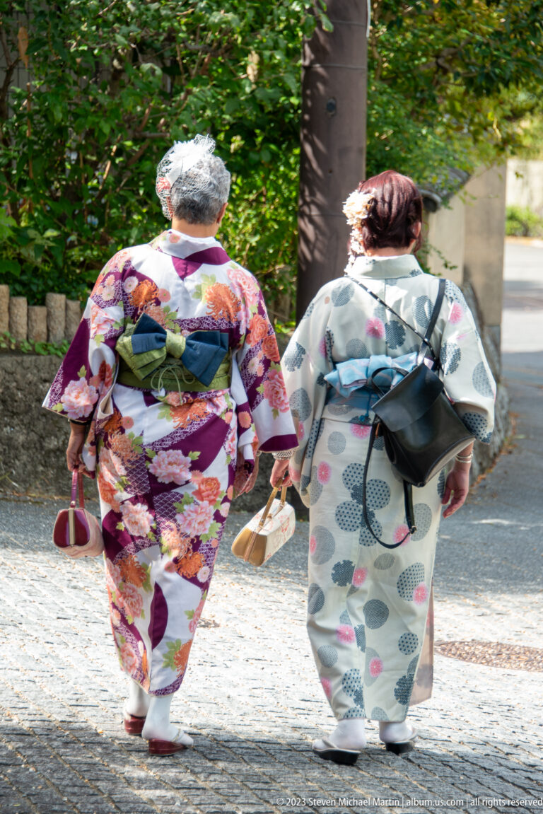 Two women in floral kimono walking along a path in its surrounding Kyoto setting.
