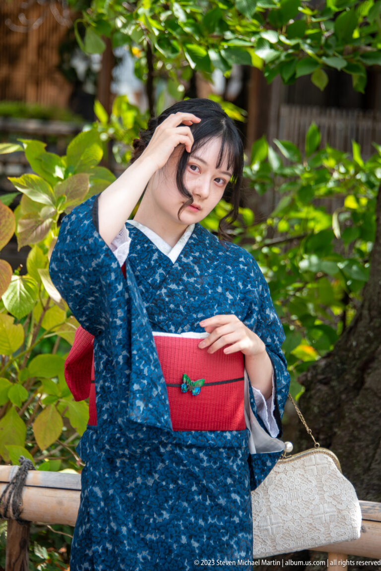 Visitor wearing a blue floral kimono in its surrounding Kyoto setting.