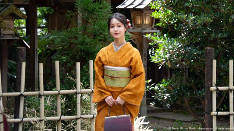 Visitor standing in a golden kimono in its surrounding Kyoto setting.