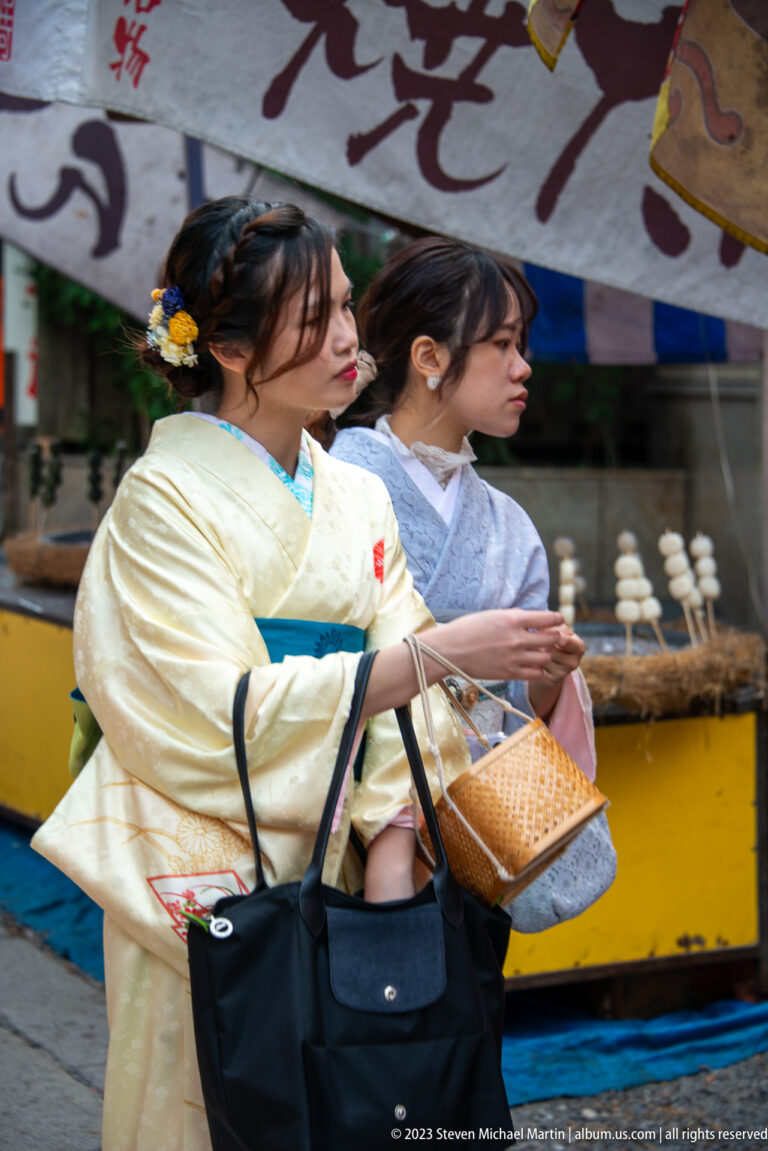 Two women in kimono walking beside market stalls in its surrounding Kyoto setting.