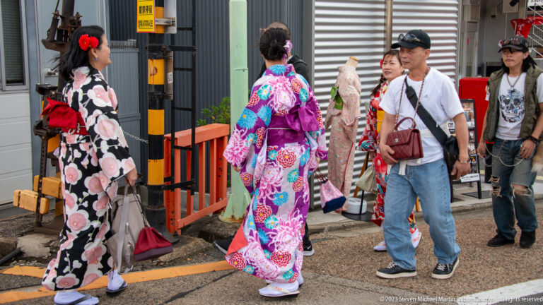 Kimono-clad pedestrians on a city street in its surrounding Kyoto setting.
