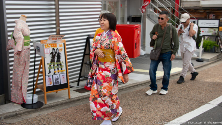 Woman in floral kimono walking through shopping street in its surrounding Kyoto setting.