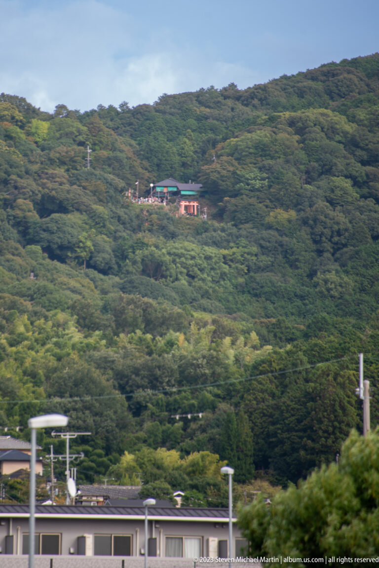 Forested hillside beyond Kyoto buildings in its surrounding Kyoto setting.