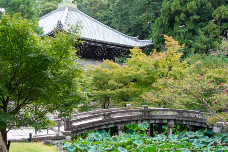Arched stone bridge over a lotus pond, framed by trees with a dark tiled temple roof behind.