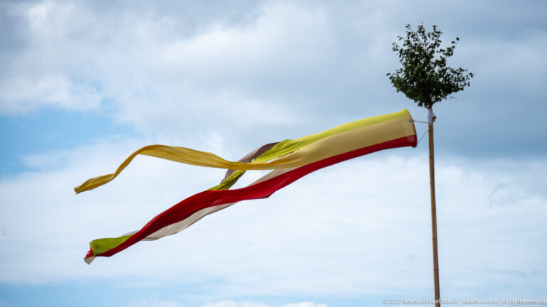 Red, white, yellow, and green streamers blowing from a tall pole topped with a leafy branch.
