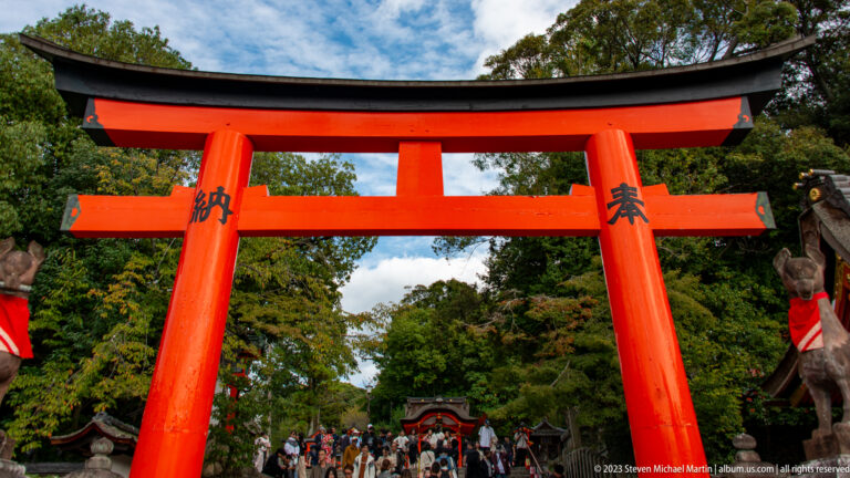 Large vermilion torii standing over a tree-lined shrine approach with visitors beneath.