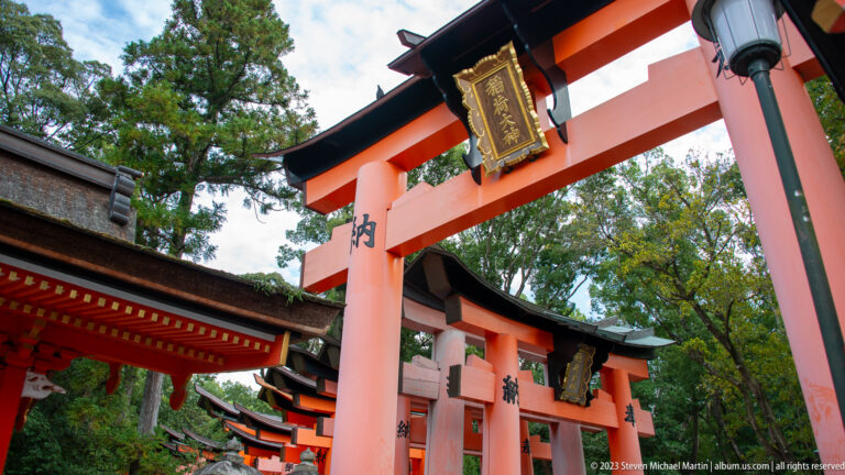 Rows of vermilion torii with a gilded dedication plaque hanging from the nearest gate.