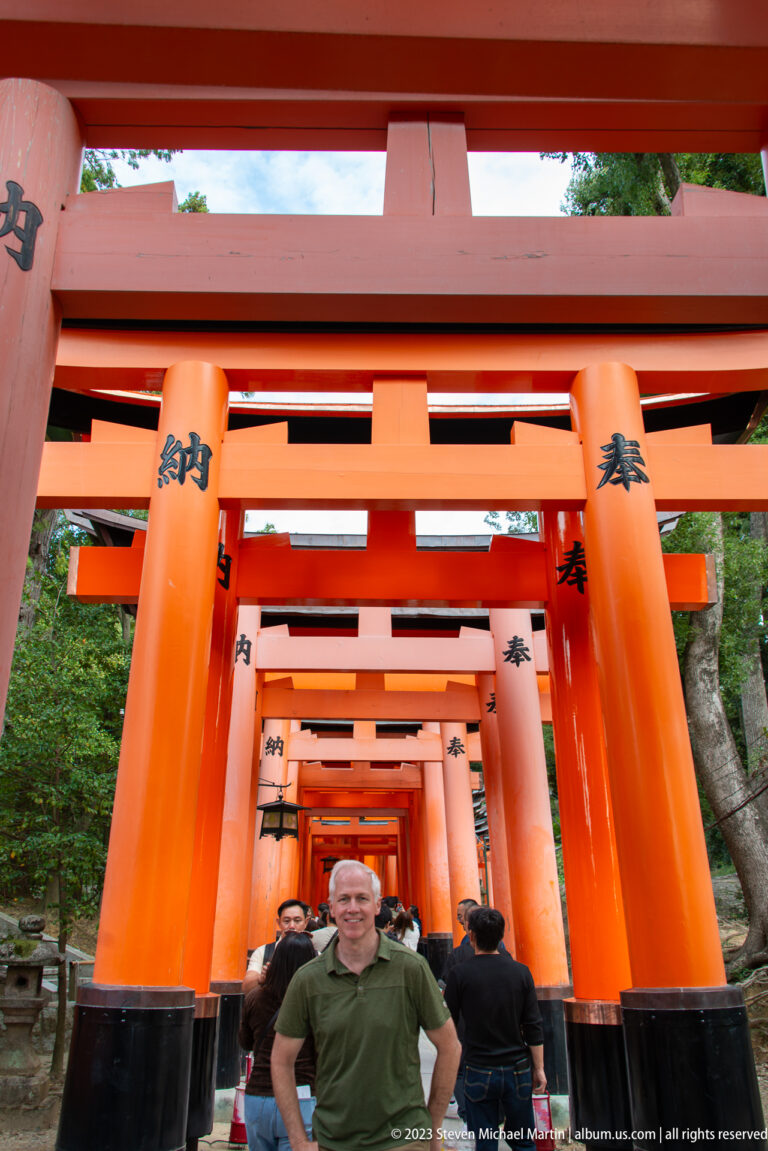 Visitors walking beneath closely spaced vermilion torii forming a tunnel.