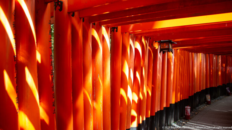 Sunlit corridor of vermilion torii casting alternating bands of light and shadow.