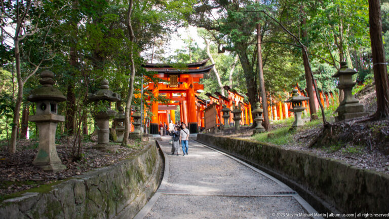 Curving forest path leading toward vermilion torii with stone lanterns on both sides.