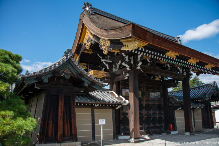 Low-angle oblique view of an ornate wooden palace gate beneath a blue sky.
