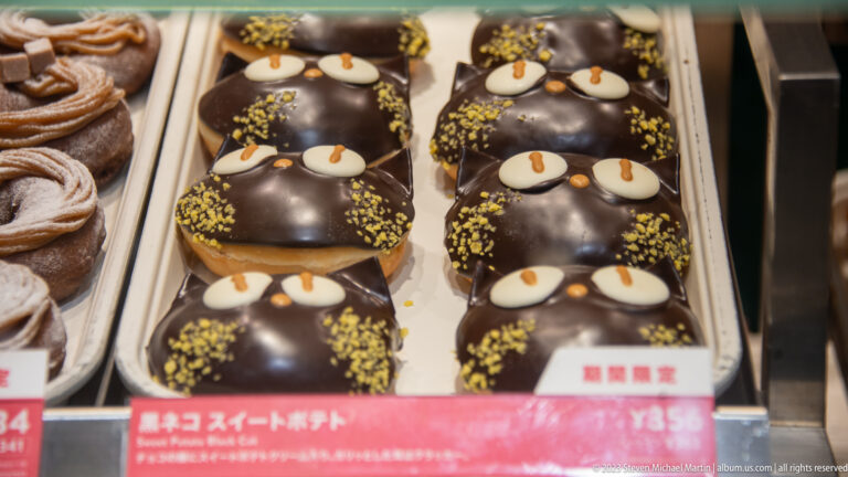 Chocolate-glazed novelty doughnuts with decorative eyes displayed in a bakery case.