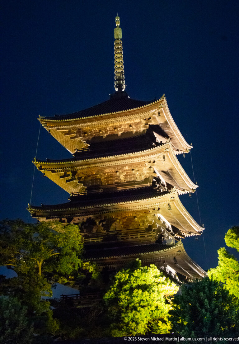 Five-story pagoda of Tō-ji Temple in Kyoto shown at night with the principal architectural, landscape, or street details visible in the composition.