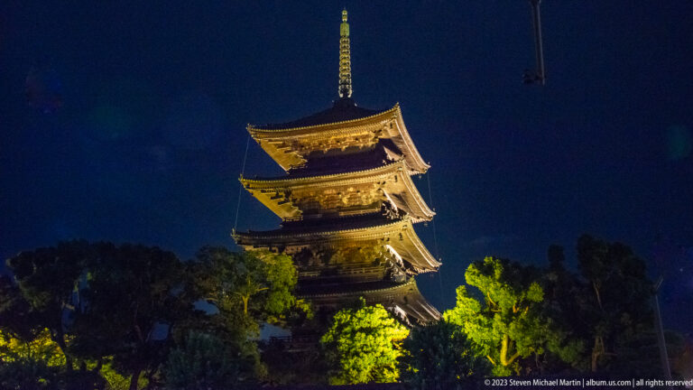 Five-story pagoda of Tō-ji Temple in Kyoto shown at night with the principal architectural, landscape, or street details visible in the composition.