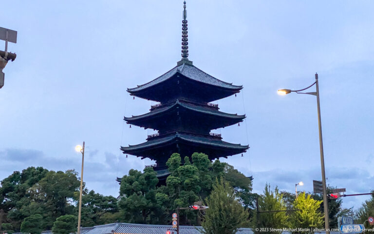 Five-story pagoda of Tō-ji Temple in Kyoto shown at night with the principal architectural, landscape, or street details visible in the composition.
