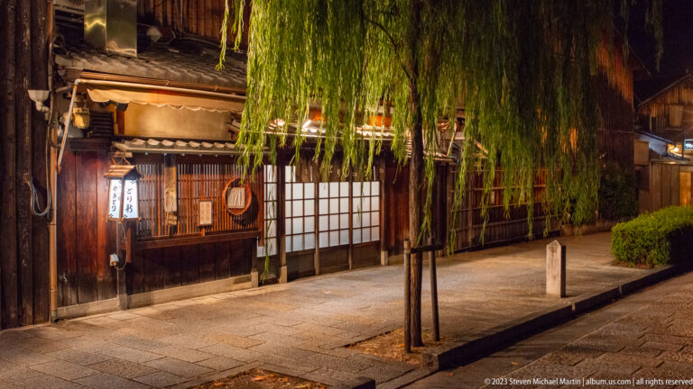 Weeping willow beside a traditional wooden restaurant on a quiet stone-paved Kyoto street at night.