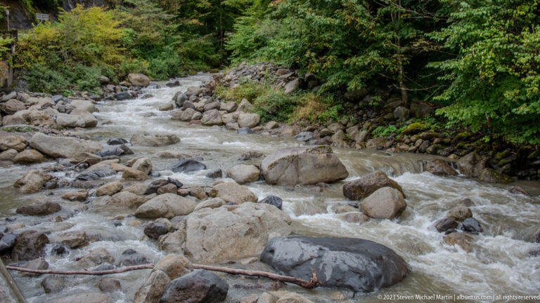 Fast mountain stream flowing around large gray boulders beneath dense green forest.