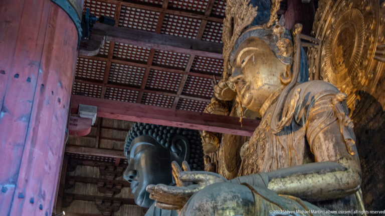 Side view of a gilded attendant figure beside the dark bronze head of the Daibutsu.