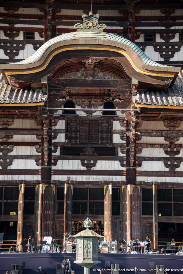 Close view of the curved central entrance gable and timber façade of Todai-ji’s Daibutsuden.