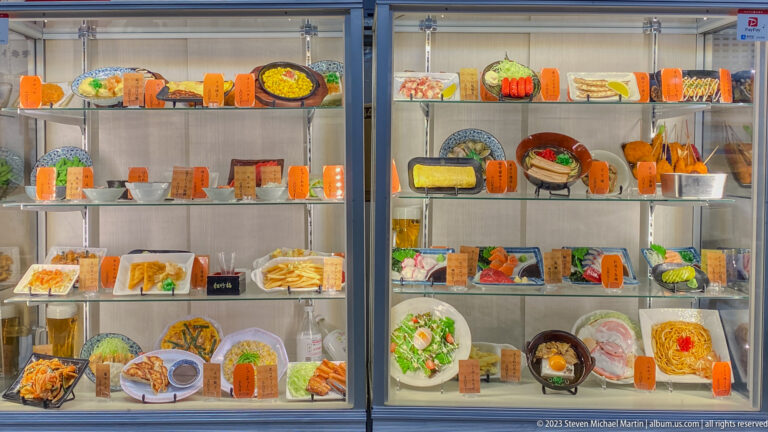 Glass restaurant display filled with realistic plastic food samples and price tags.