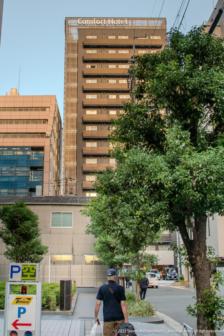 Large brown multi-storey building behind trees and utility lines on an Osaka street.