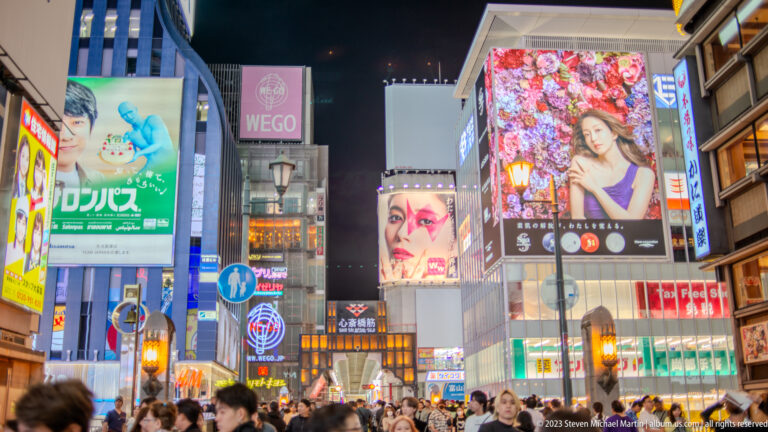 Large illuminated billboards above a dense crowd in Dotonbori, Osaka.