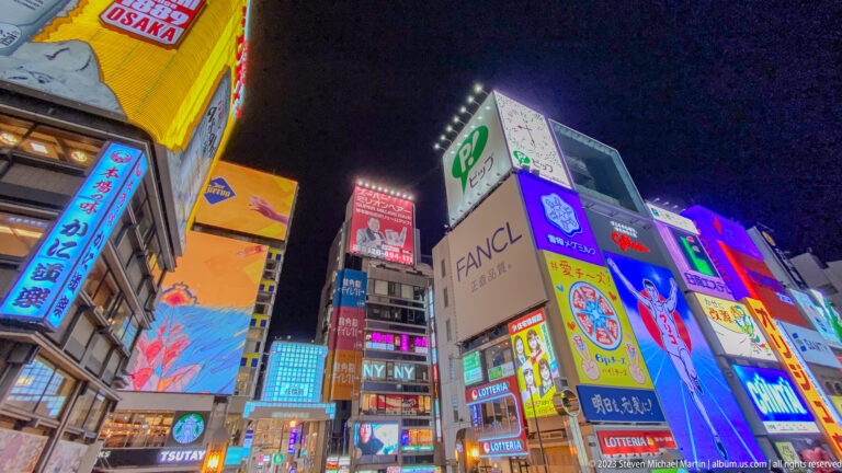 Low-angle view of illuminated FANCL, Tsutaya, and other billboards in Dotonbori.