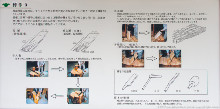 Japanese instructional panel with diagrams and photographs explaining how wooden roof shingles are split and shaped by hand.