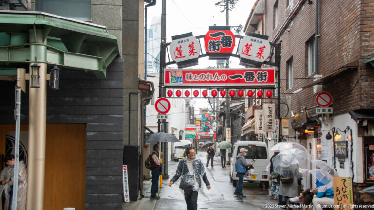 Rainy narrow street beneath a lantern-covered Japanese gateway, with pedestrians, umbrellas, signs, and closely packed buildings.