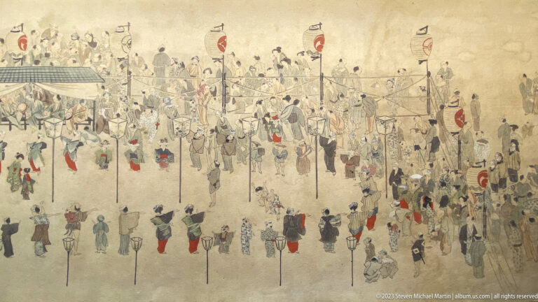 Panoramic Japanese procession painting with crowds, red banners, attendants, and performers raised on tall poles.