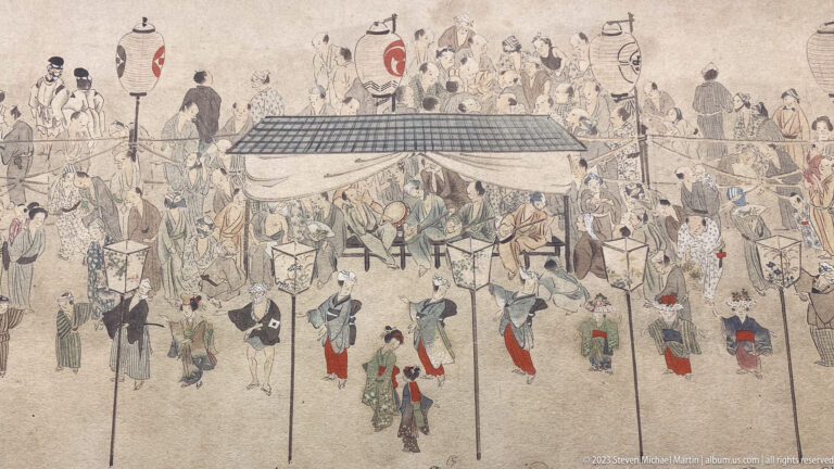 Detail of a Japanese historical painting with crowds gathered around a roofed ceremonial structure and tall poles.