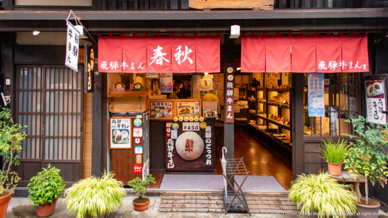Red-curtained Hida beef skewer shop with menu boards, prices, food photographs, potted grasses, and dark timber walls.