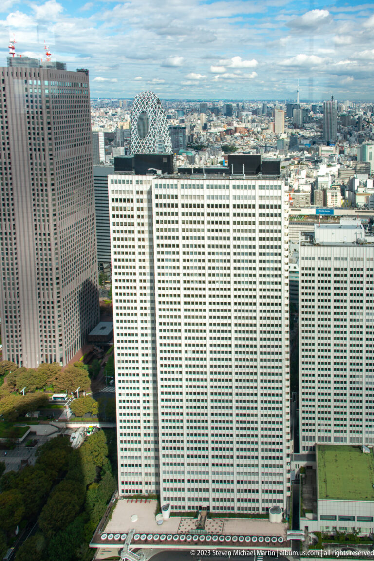 Downward view of a broad white Shinjuku tower, surrounding high-rises, and the distant Cocoon Tower.