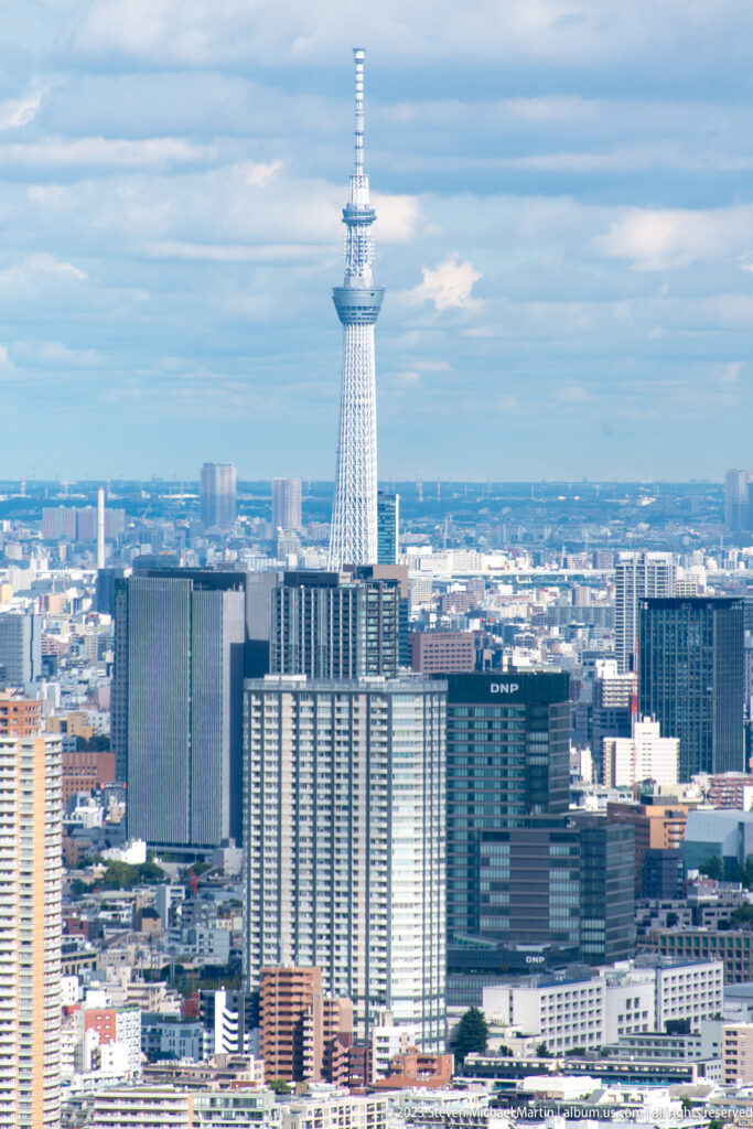 Telephoto view of Tokyo Skytree rising above large buildings and dense eastern Tokyo neighborhoods.
