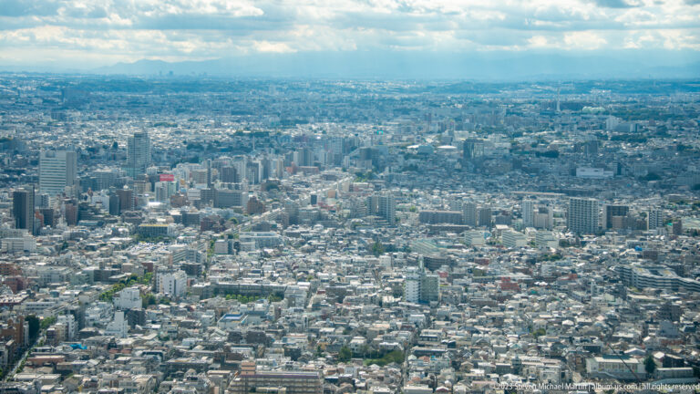 Wide urban panorama of western Tokyo with dense buildings extending toward distant hills and clouds.