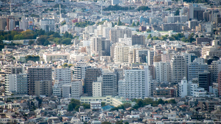 Large apartment blocks rising above tightly packed houses in a dense Tokyo residential district.