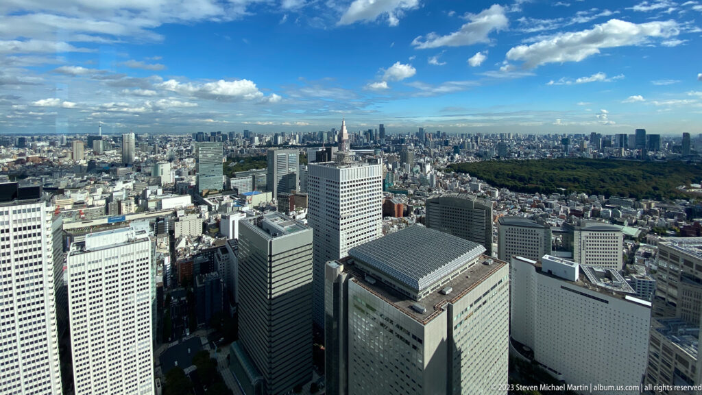 Wide Tokyo panorama with government buildings, dense skyline, and a large wooded area under blue sky.