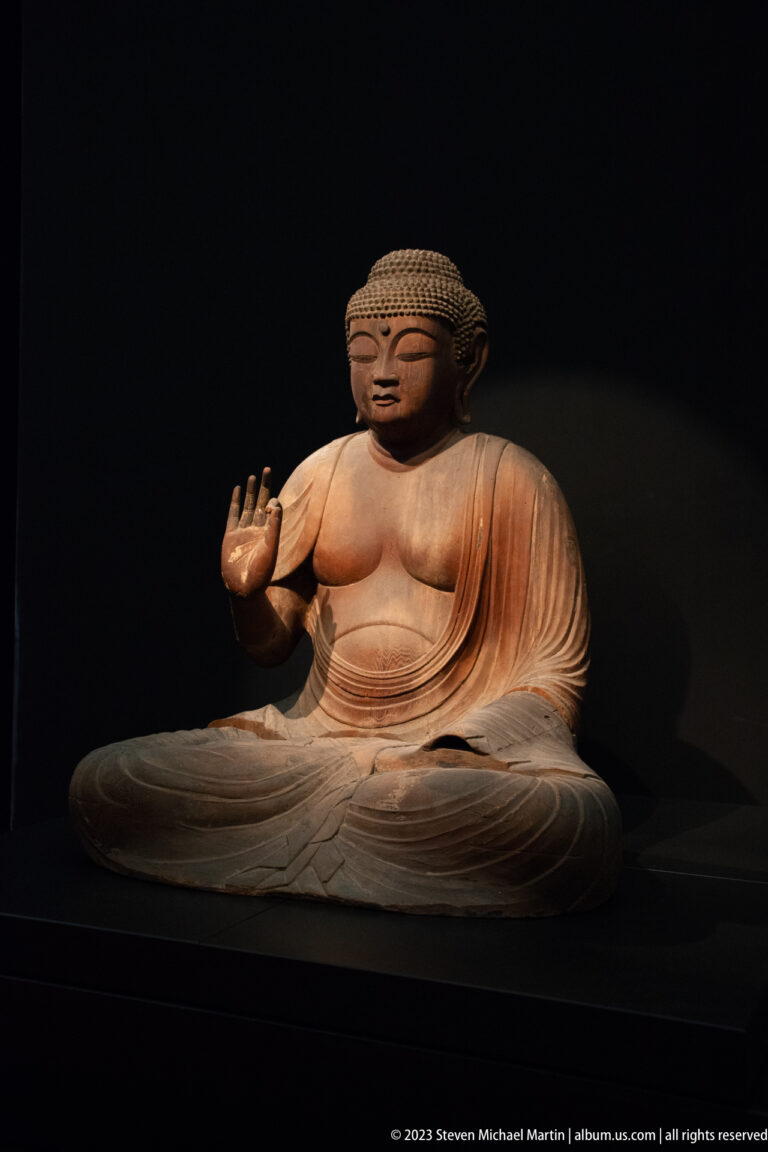 Seated wooden Buddha with curled hair, one hand raised, and robe draped over one shoulder.