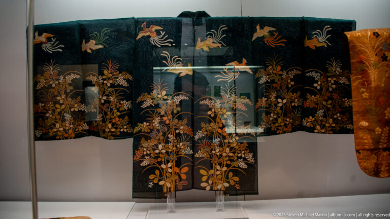 Dark robe with gold flowering plants and small animal motifs across the shoulders and sleeves.