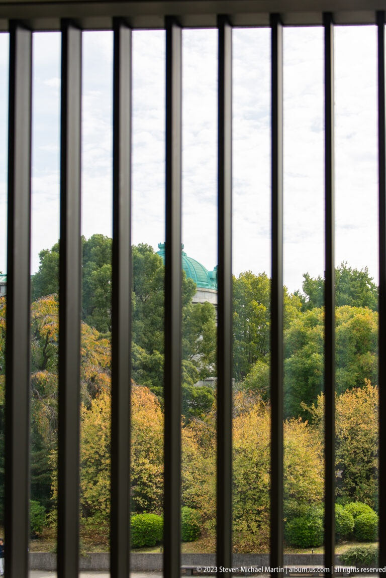 Green and yellow museum garden seen through dark vertical louvers, with a distant green dome.