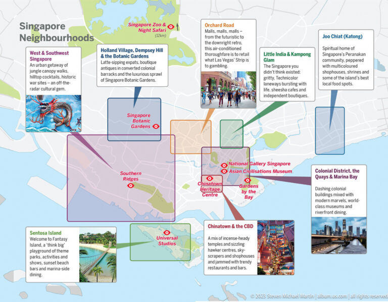 Illustrated map of Singapore with labeled districts, attractions, colored zones, and inset photographs.