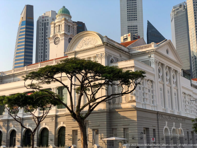Victoria Theatre and Concert Hall partly screened by a broad tree and modern skyscrapers.