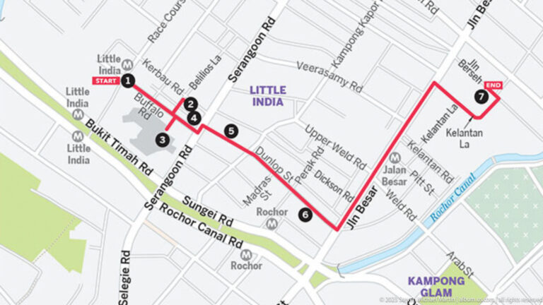 Street map of Little India with a red numbered walking route and labeled roads.
